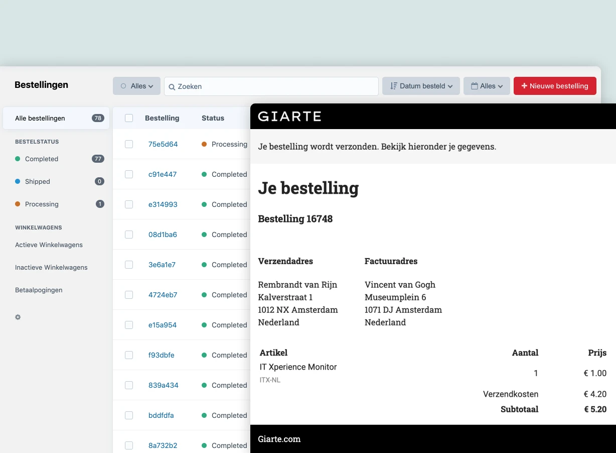 Giarte webshop Bestelstatussen