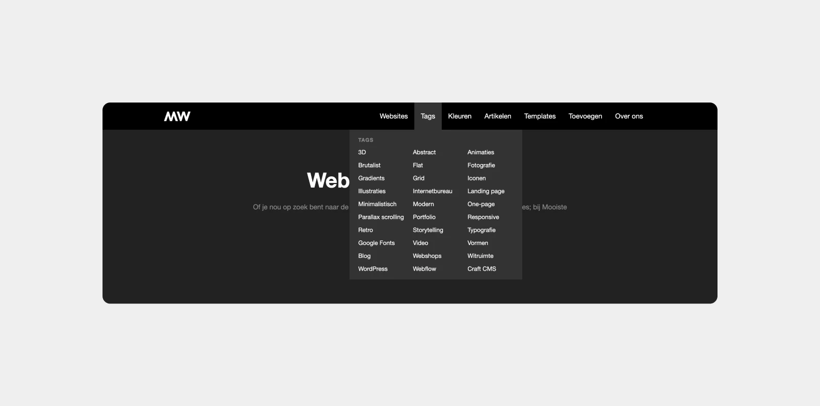Mooiste Websites Mega Menu